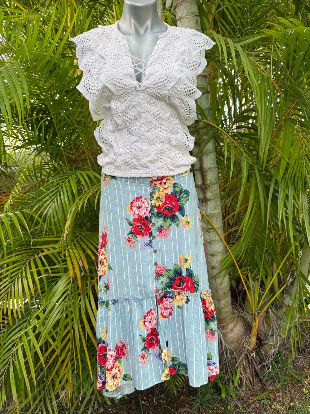 Anthropologie Blue Stripe Floral Tiered Maxi Skirt